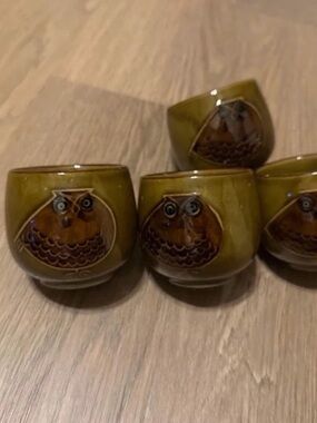 Olive Green Owl Ceramic Egg Cups - Set of 4